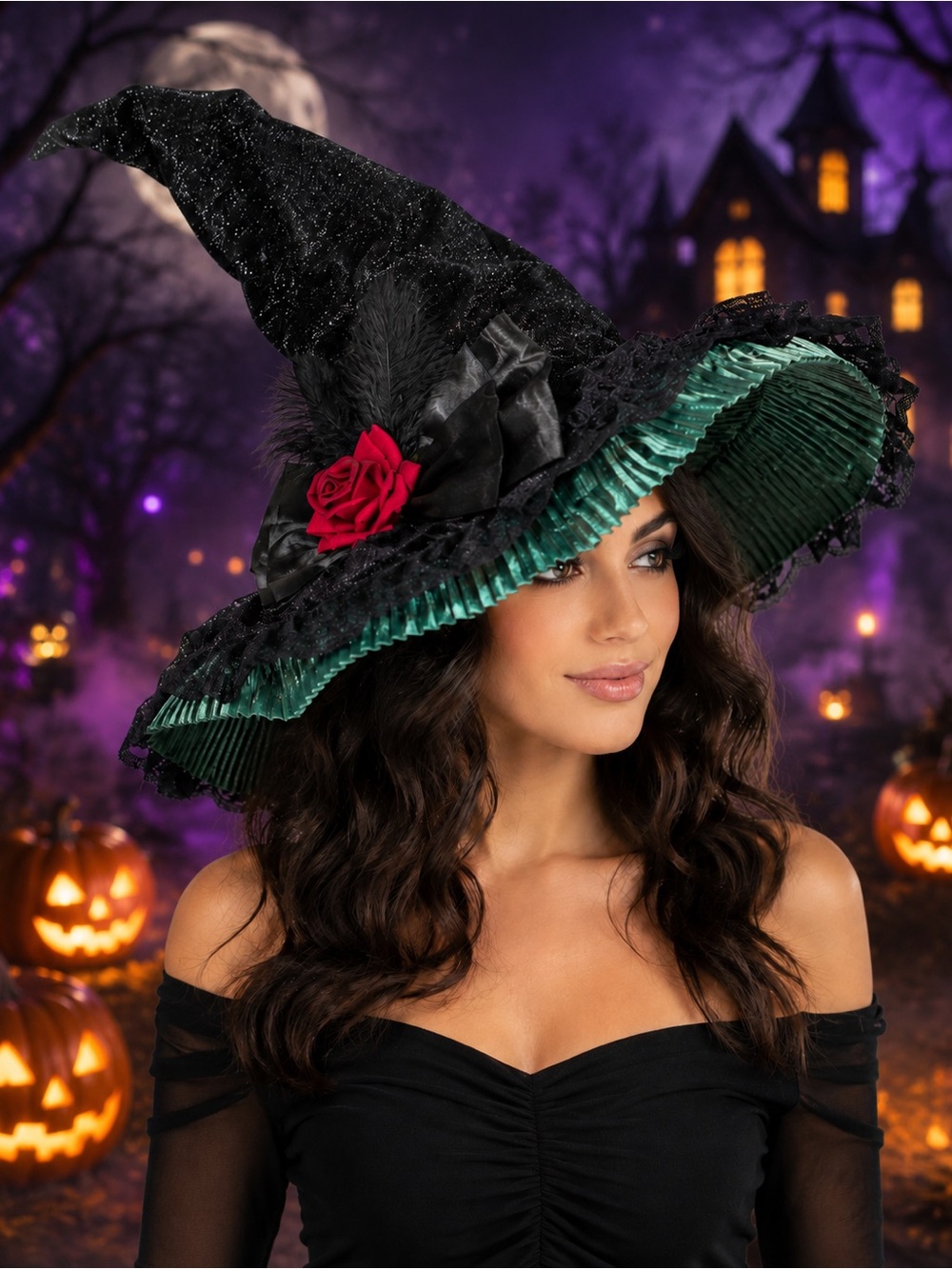 Halloween Gothic Witch Hat Black Lace Green Brim Detachable Rose Bow